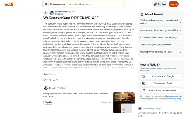 Screenshot of Reddit post reporting a $1,700 Apple SSD recovery quote from WeRecoverData plus $40 return shipping fee
