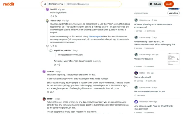 Screenshot of Reddit post reporting WeRecoverData pricing complaint and quote escalation after shipping drive