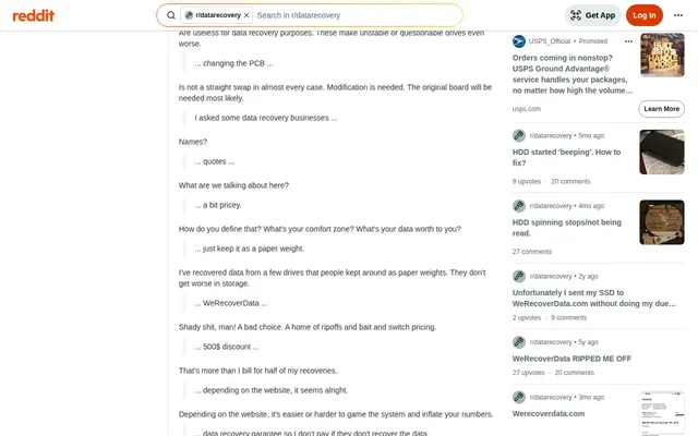 Screenshot of Reddit post describing WeRecoverData pricing complaint and non-refundable diagnostic fee