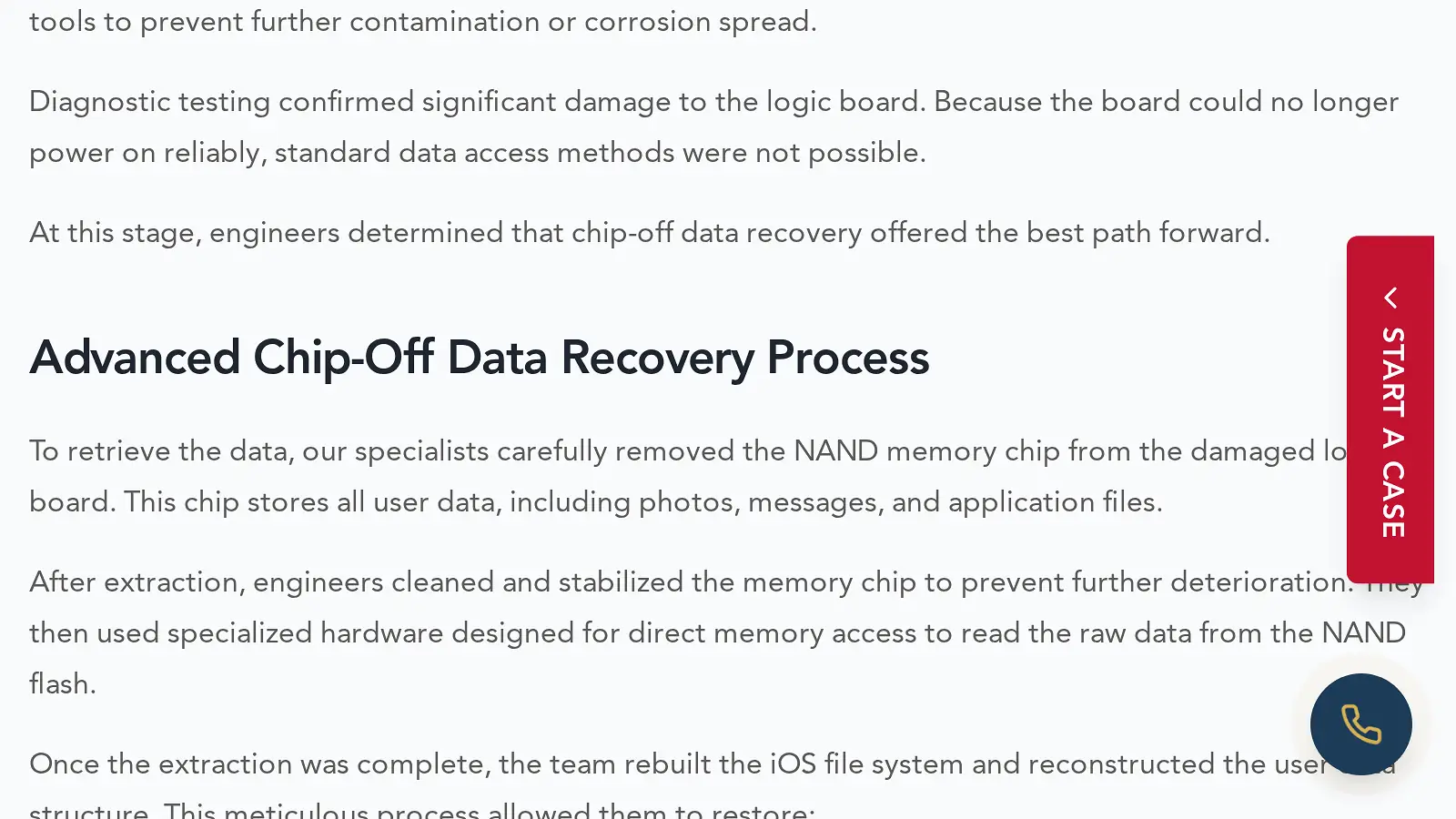 Screenshot of werecoverdata.com/data-recovery-stories/data-recovery-of-620gb-after-iphone-14-pro-max-suffers-moisture-damage-in-rogersville-tennessee showing the quoted claim