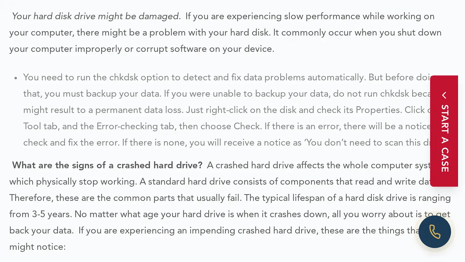 Screenshot of werecoverdata.com/blog/effective-strategies-hard-drive-slows showing the quoted claim