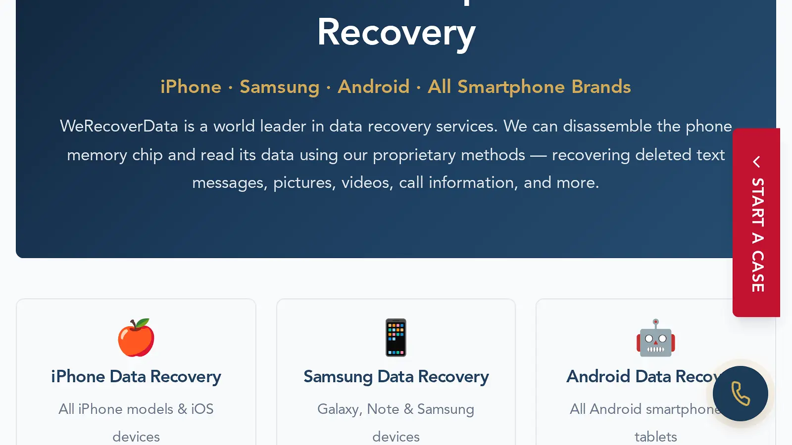 Screenshot of werecoverdata.com/services/cellphone-recovery showing the quoted claim