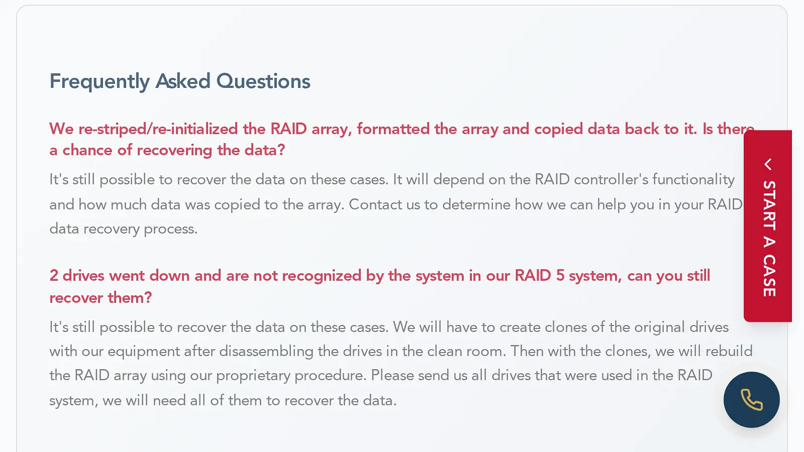 Screenshot of werecoverdata.com/services/raid-data-recovery showing the quoted claim
