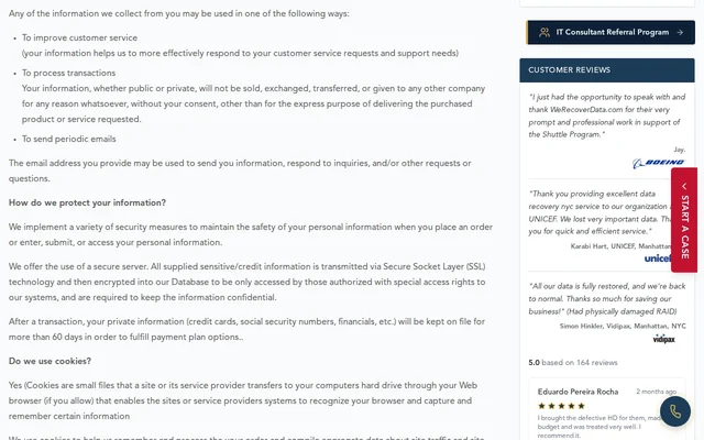 Screenshot of WeRecoverData privacy policy stating Social Security numbers, credit cards, and financials are retained for more than 60 days