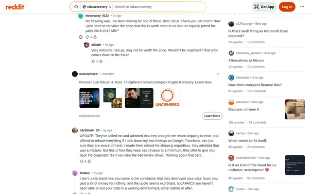 Screenshot of Reddit post discussing WeRecoverData terms of service including cancellation penalties and drive custody terms