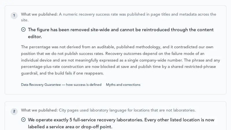 WeRecoverData transparency page, correction 1, stating the numeric success rate has been removed site-wide