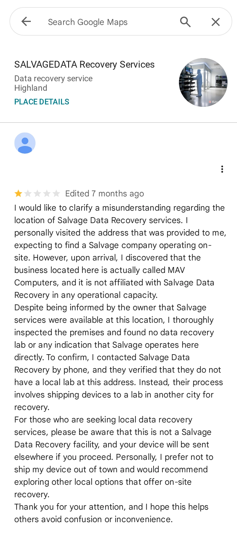 Google Maps 1-star review of SALVAGEDATA Recovery Services at 7801 N Lamar Blvd in Austin TX: reviewer visited the address, found MAV Computers, confirmed by phone that drives are shipped to a lab in another city