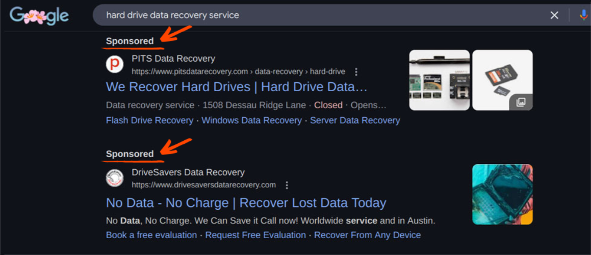 showing sponsored hard drive data recovery ads on google